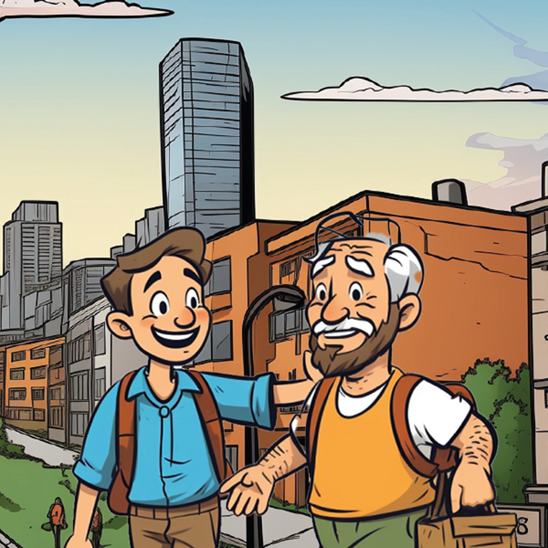 Zwei Männer gemalt im Comic sehen sich lächelnd an und stehen vor einem Gebäude