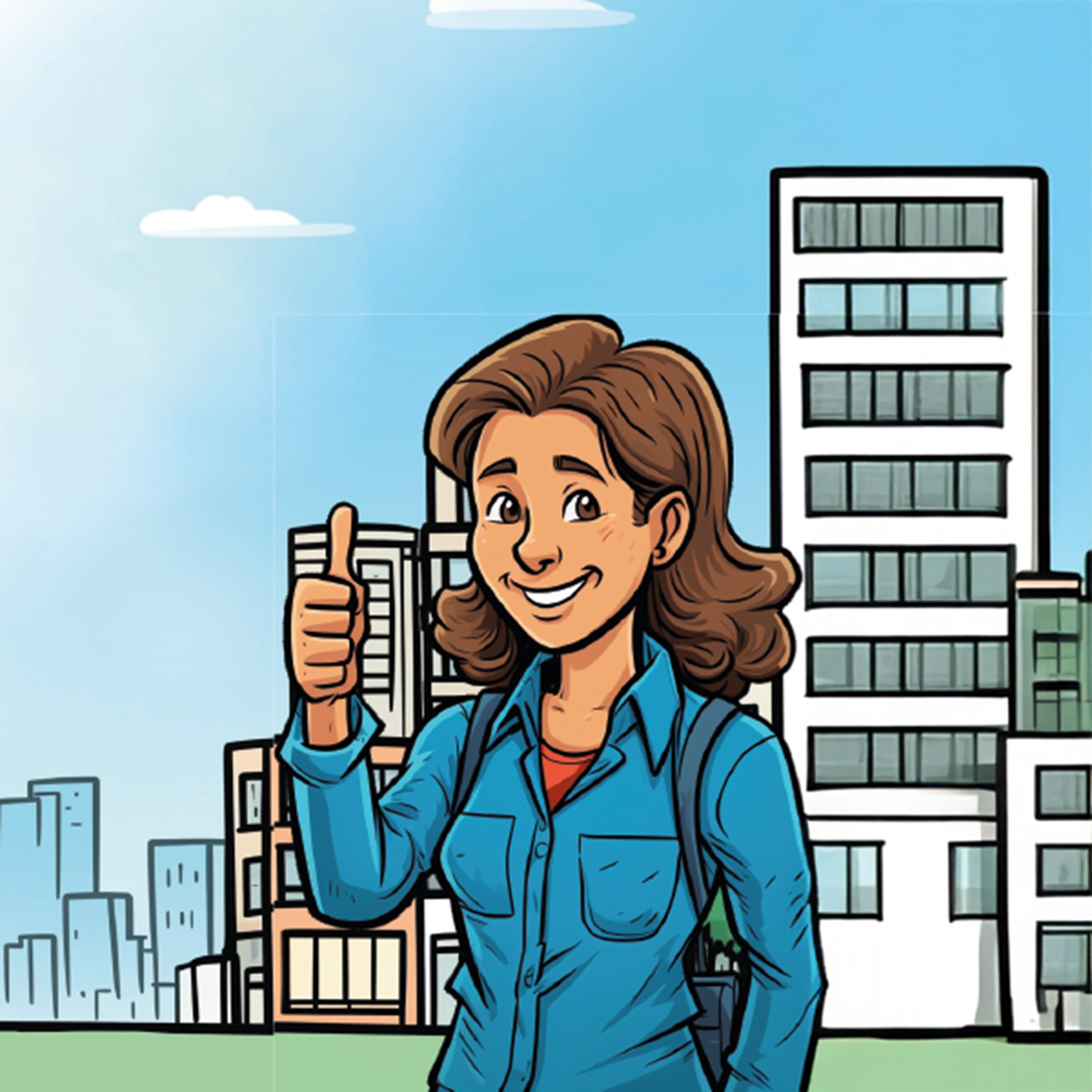 Frau im Comicstil lächelt und gibt einen Daumen nach oben