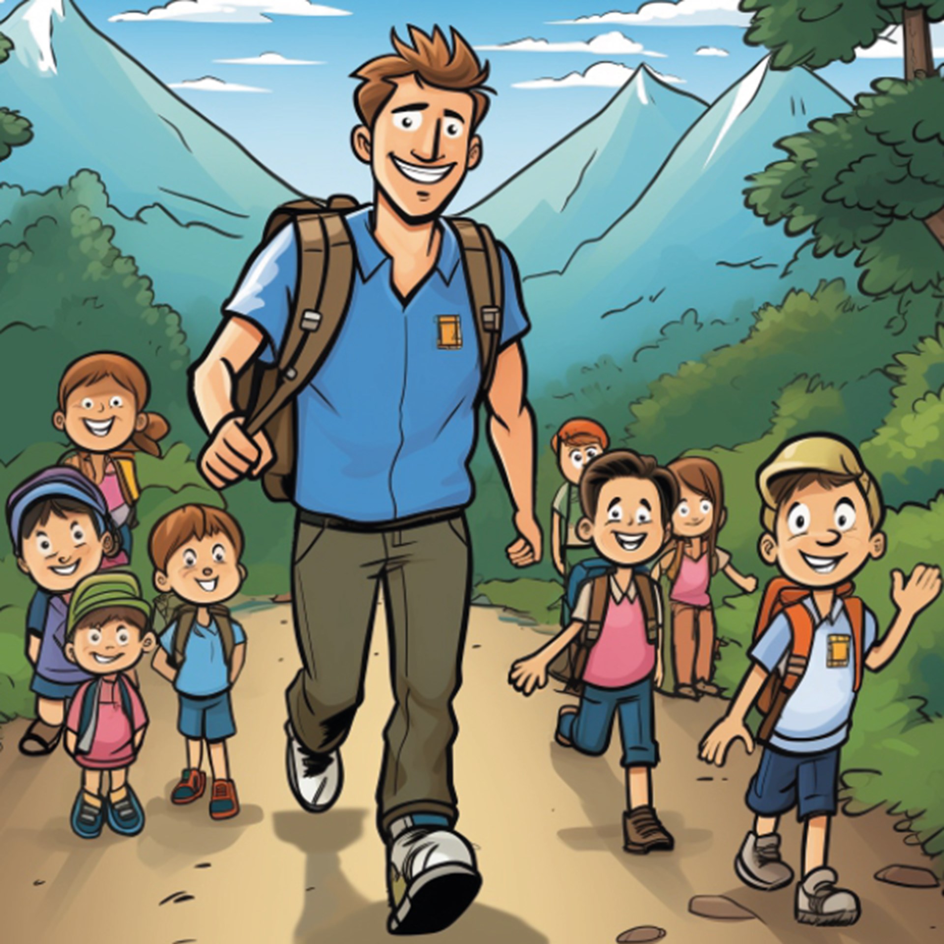 Mann wandert mit einer Gruppe von Kindern gemalt im Comicstil