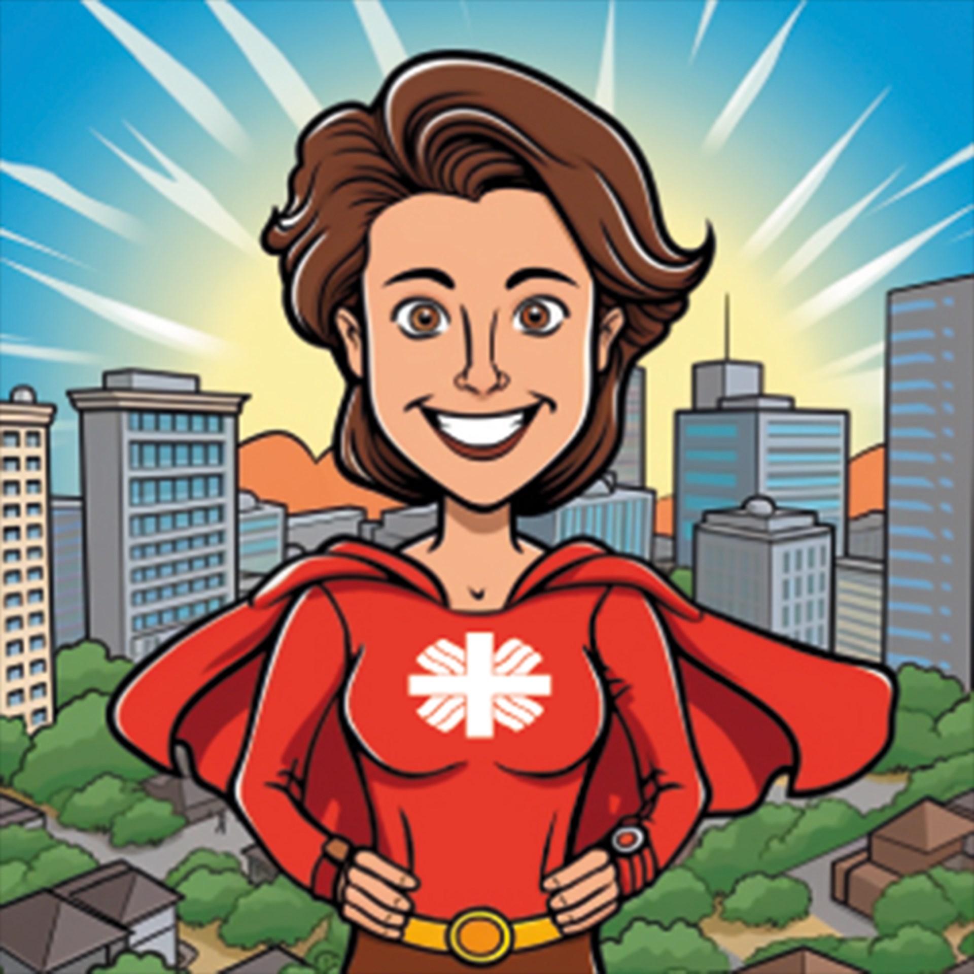 Frau im Comicstil steht als Superwoman mit Caritas-Logo vor einer Stadtansicht